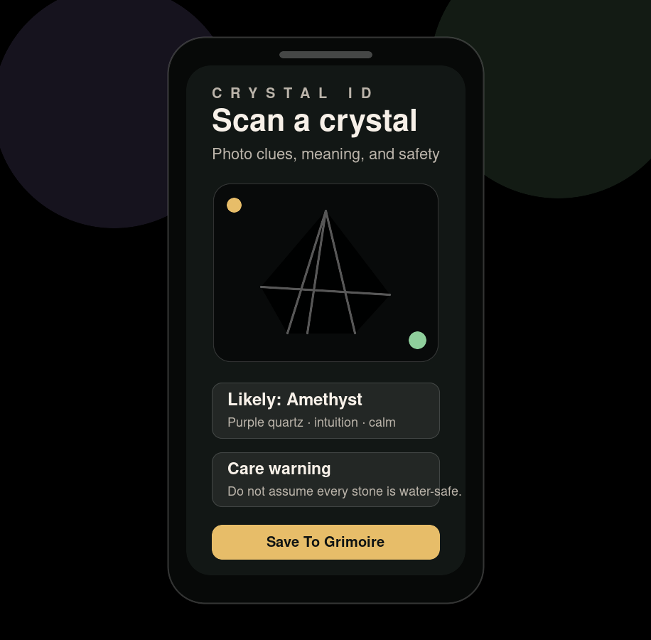 Mystora Crystal ID scanner screenshot showing crystal result and care warning