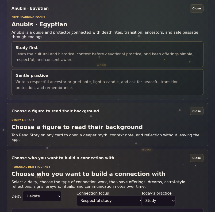 Mystora Deities screenshot showing deity learning cards and devotion guidance