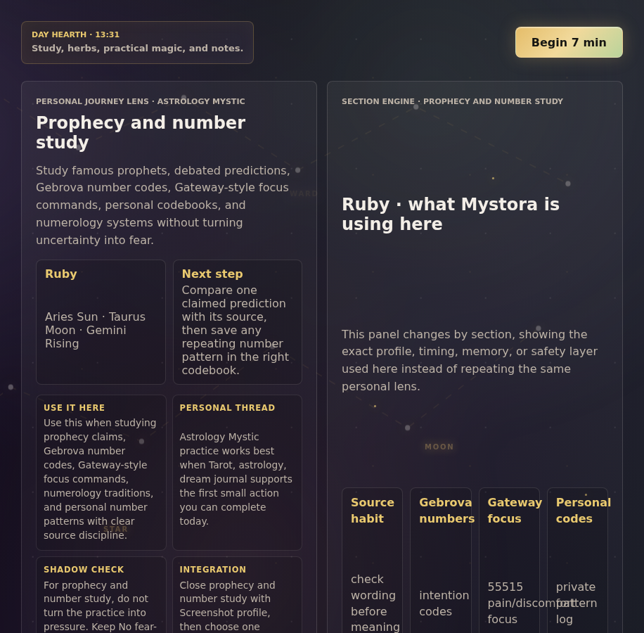 Mystora number-code notebook screenshot showing Gebrova number codes and personal symbol indexing