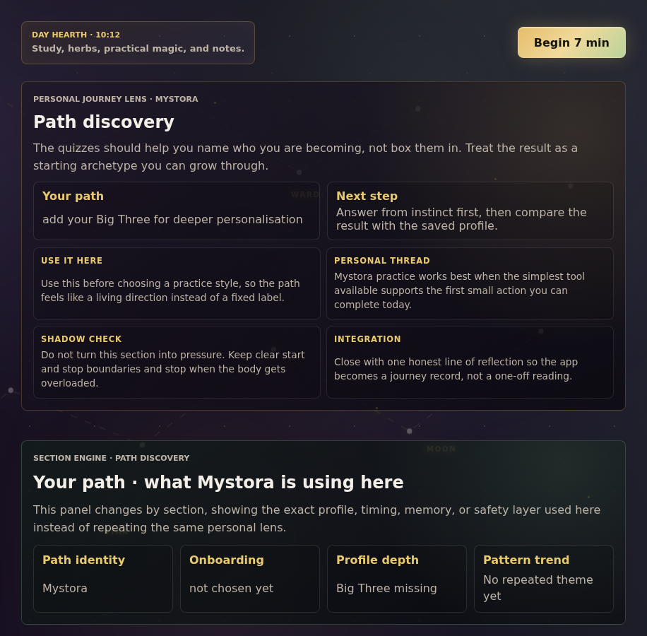 Mystora spiritual path screenshot showing guided path and progress