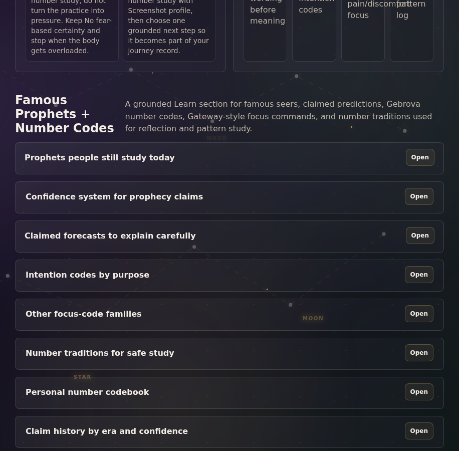 Mystora prophecy research screenshot showing famous prophets and prediction confidence labels