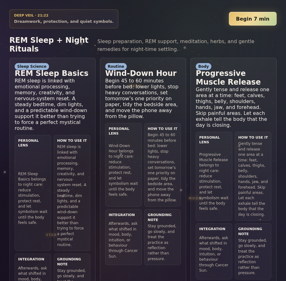 Mystora Sleep screenshot showing bedtime spiritual routine and rest support