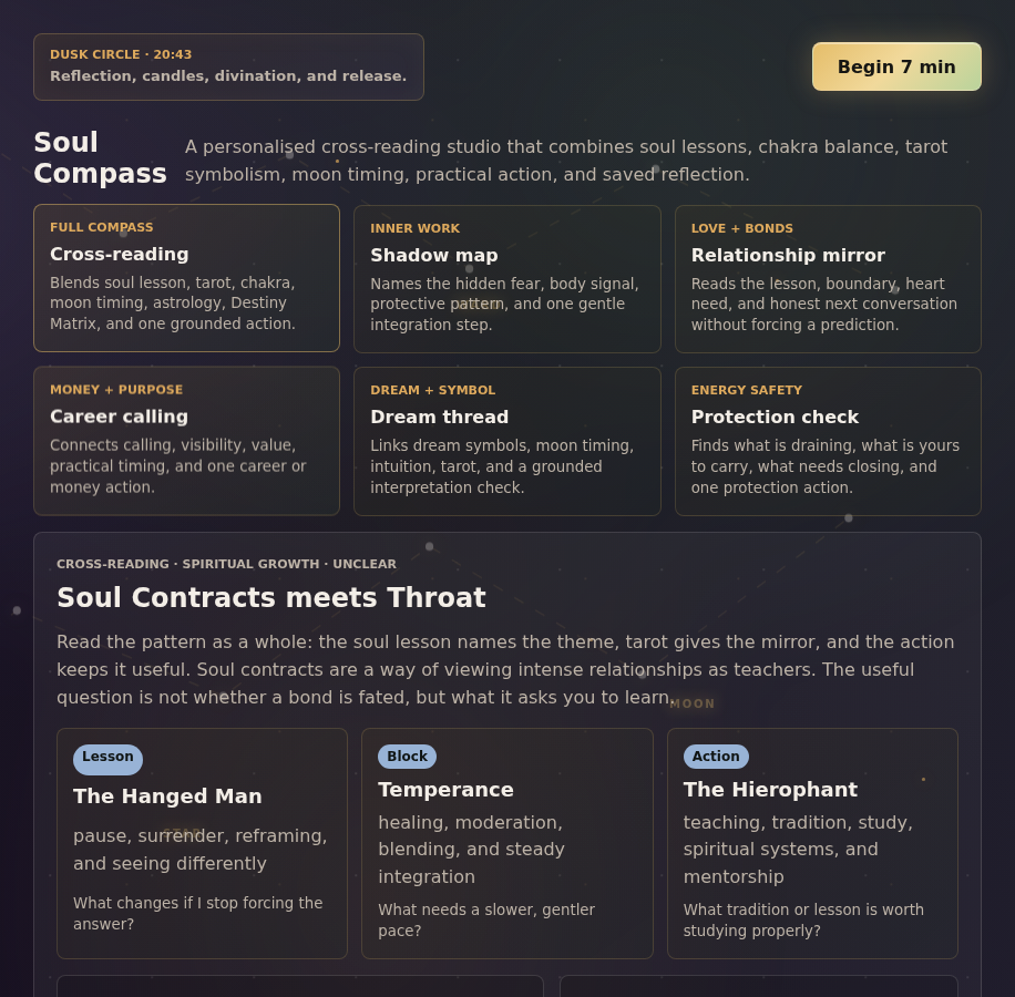 Mystora Soul Compass screenshot showing integrated personal guidance