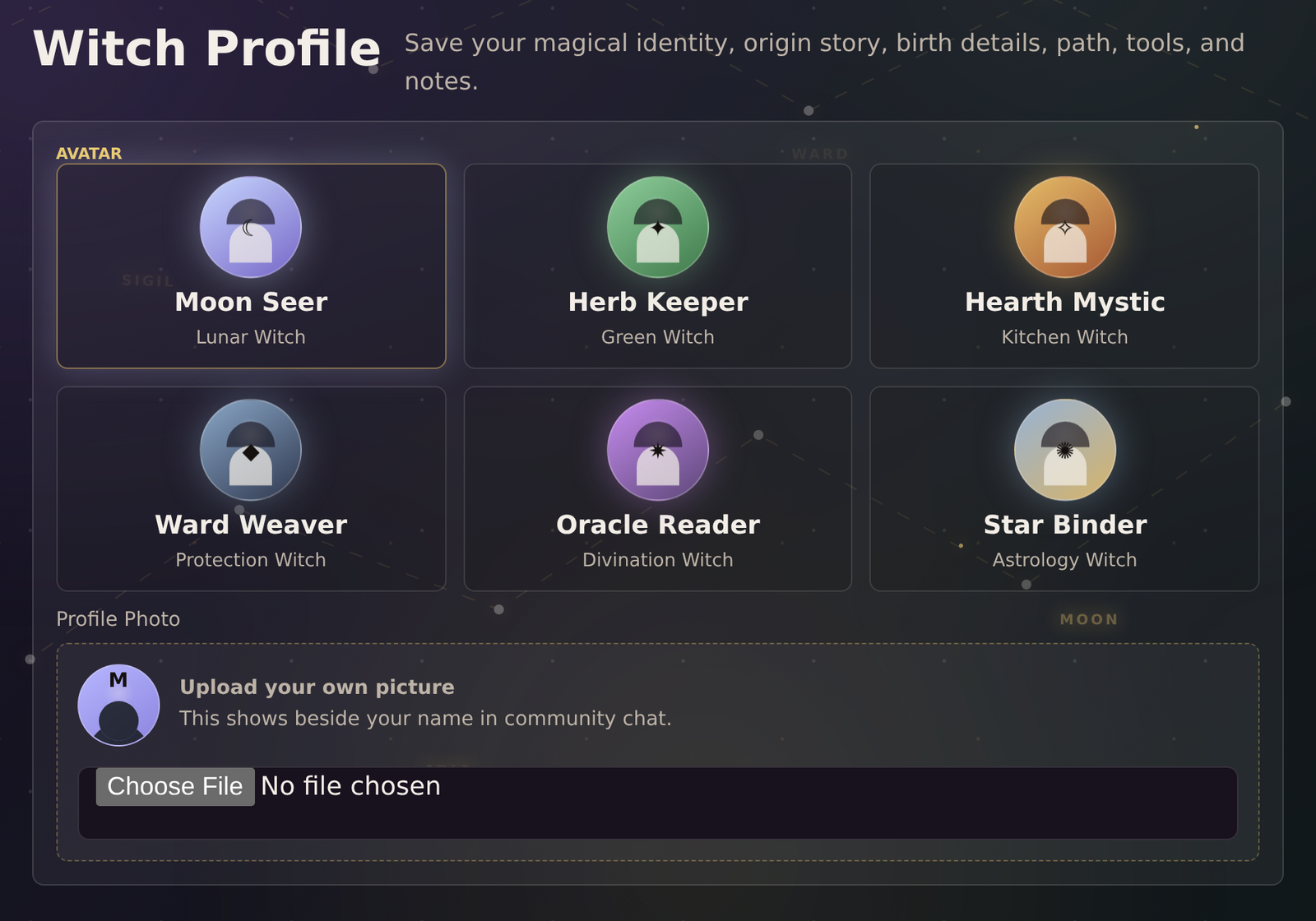 Mystora Witch Profile screenshot showing the custom profile picture upload control