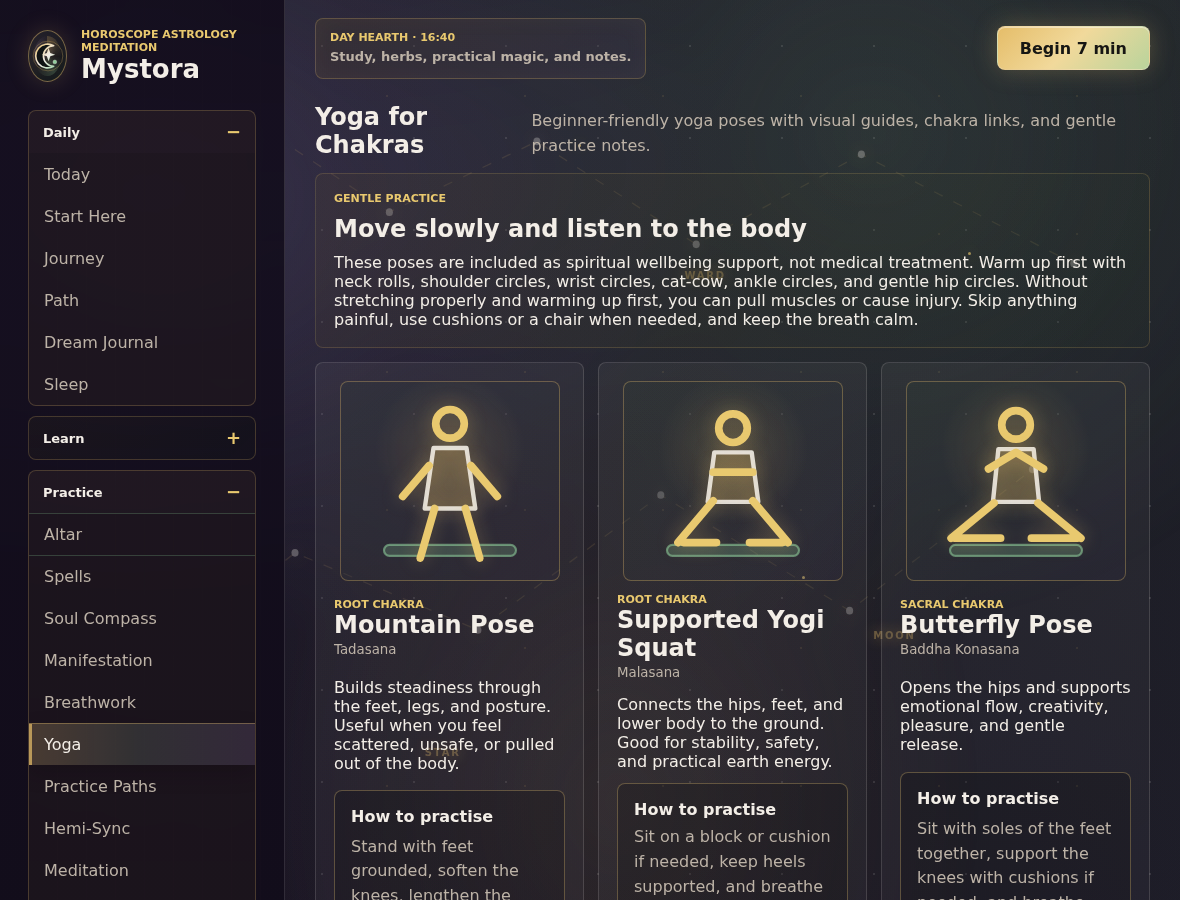 Mystora yoga guide screenshot showing chakra-linked practice guidance
